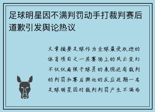 足球明星因不满判罚动手打裁判赛后道歉引发舆论热议